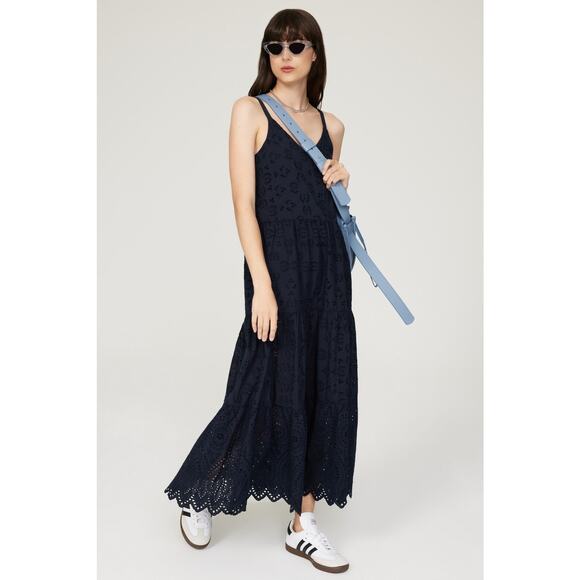 Splendid Wynona Navy Blue Eyelet Tiered Sleeveless Maxi Dress Size Large - Picture 1 of 12